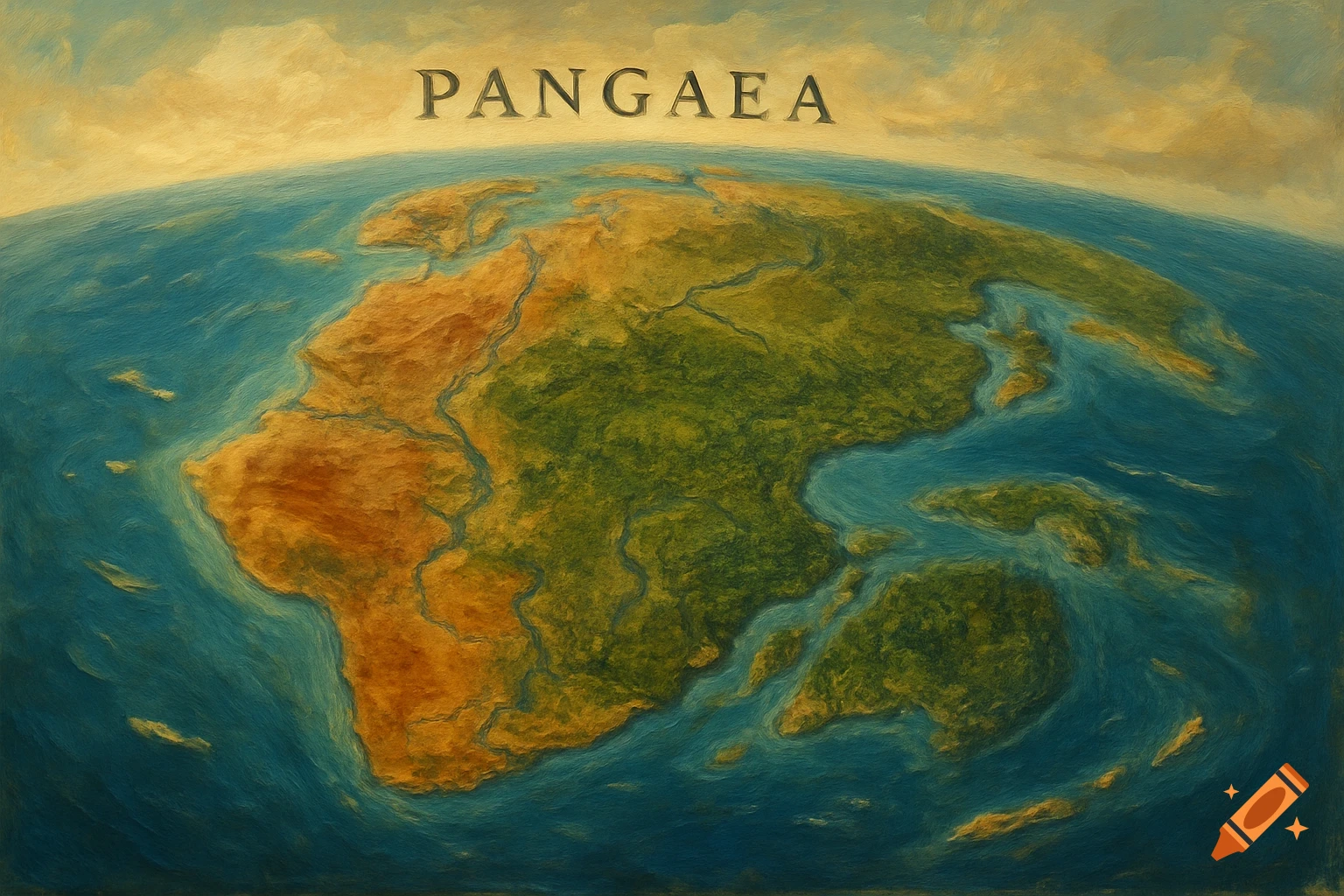 A painterly map showing the supercontinent Pangaea surrounded by blue oceans under a cloudy sky.