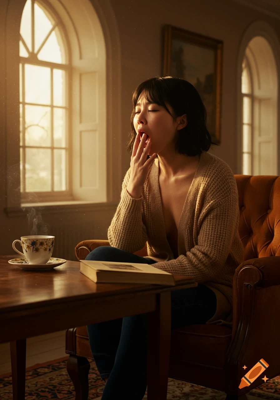 A woman in a cardigan yawns in an armchair by a sunlit window, with a steaming teacup and book on the table.