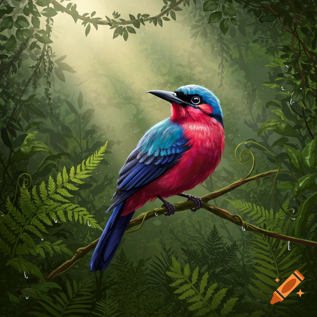 A vibrant red, blue, and teal bird perches on a branch in a sunlit, lush green jungle.