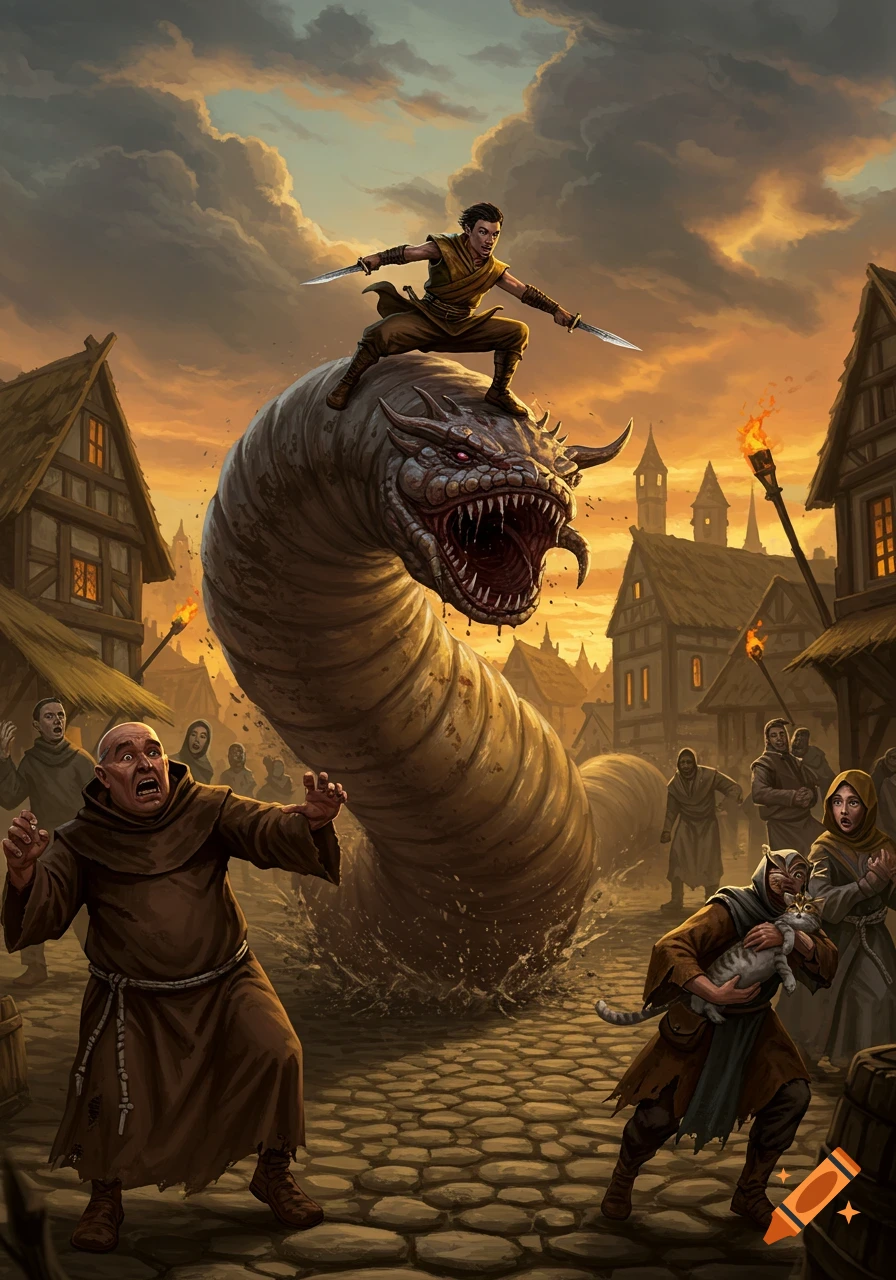 Monk and rogue fight a giant worm terrorizing a medieval village at sunset, as villagers flee in a fantasy art style.