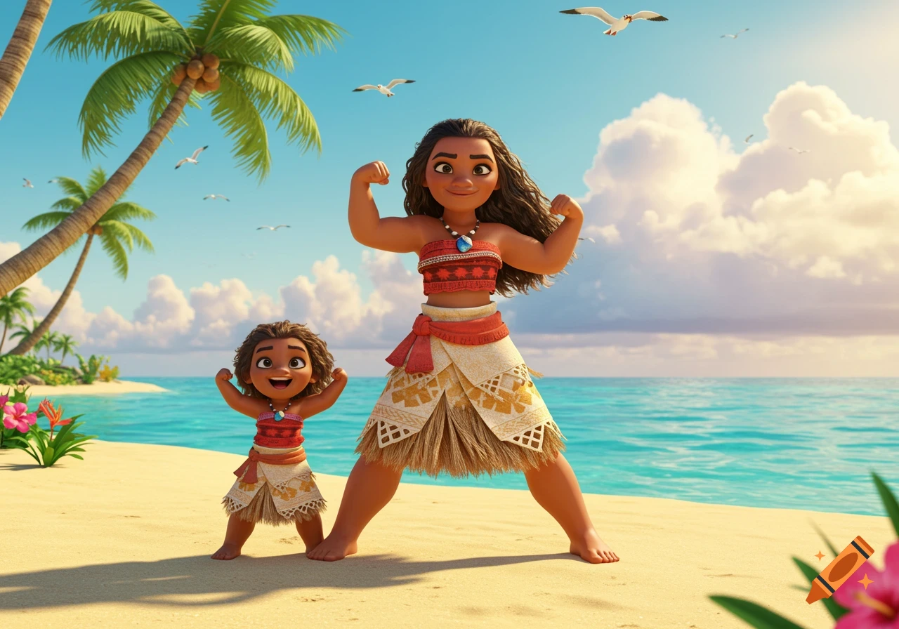 Animated Moana and her younger sister flex their muscles on a sunny tropical beach.