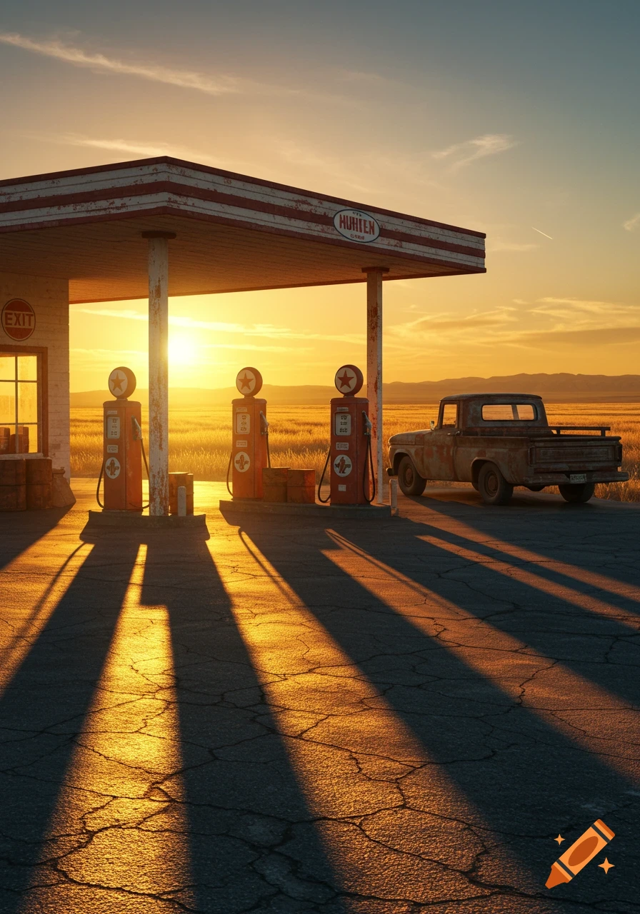 An old gas station and vintage pickup truck at sunset in a rural landscape, with long shadows on the cracked asphalt.