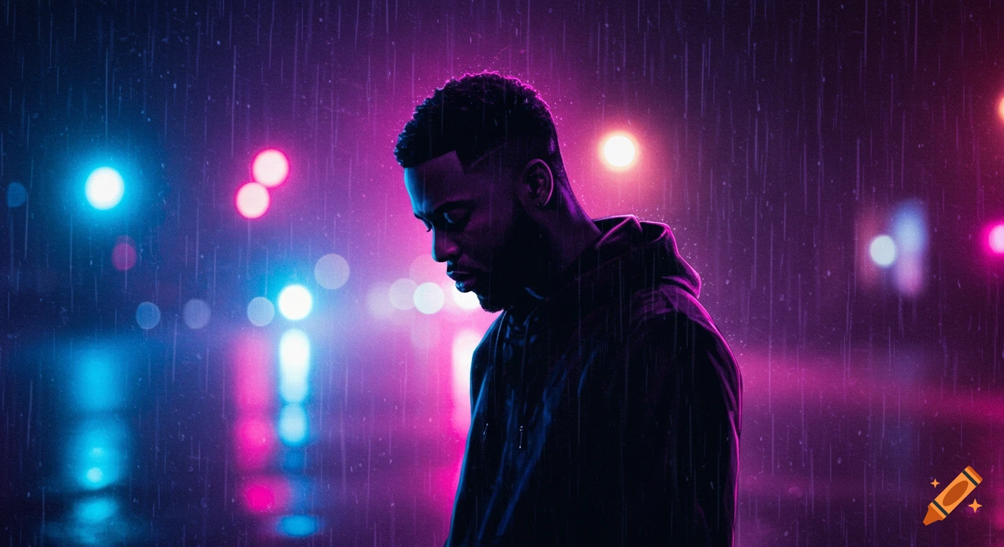 A moody portrait of a man in a hoodie standing in the rain at night, illuminated by blue and purple neon city lights.