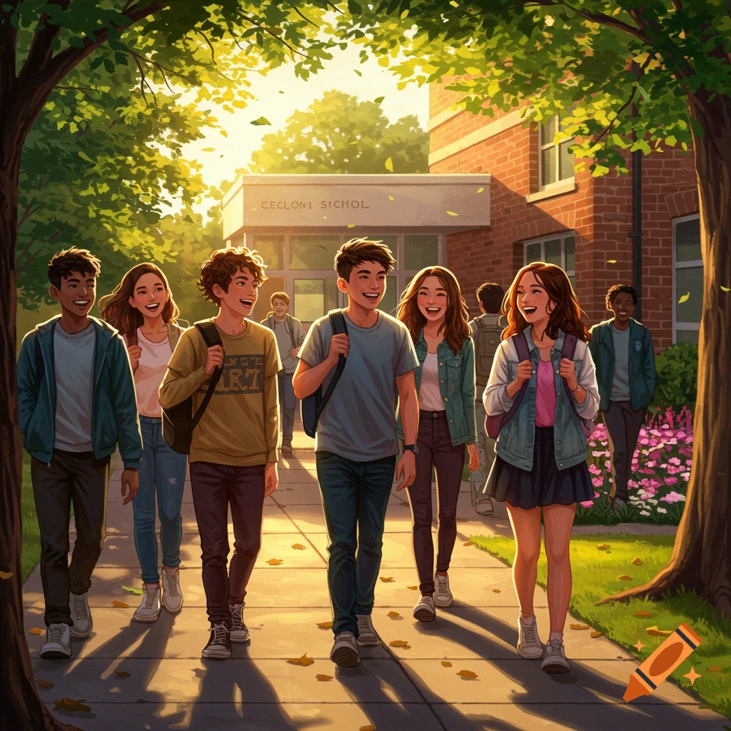 Happy students walk on a sunny path outside a brick school building, surrounded by green trees, in an illustrative style.