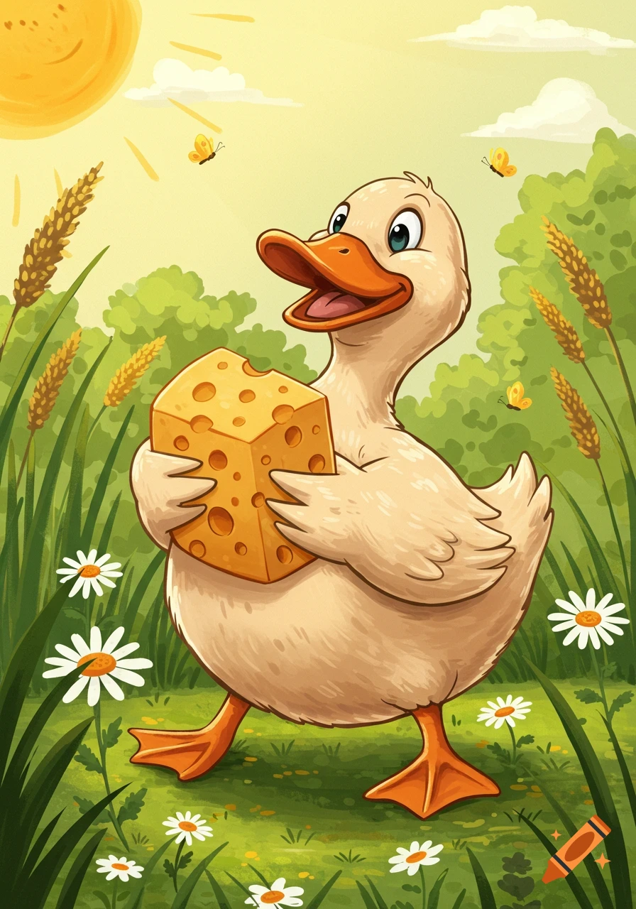 A happy cartoon duck walking through a sunny field of daisies, holding a large block of Swiss cheese.