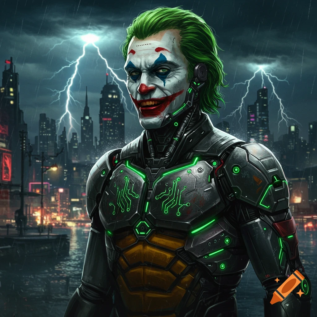 The Joker in a robotic suit with green circuits, clown makeup, and green hair, smiling against a rainy cyberpunk city with lightning.