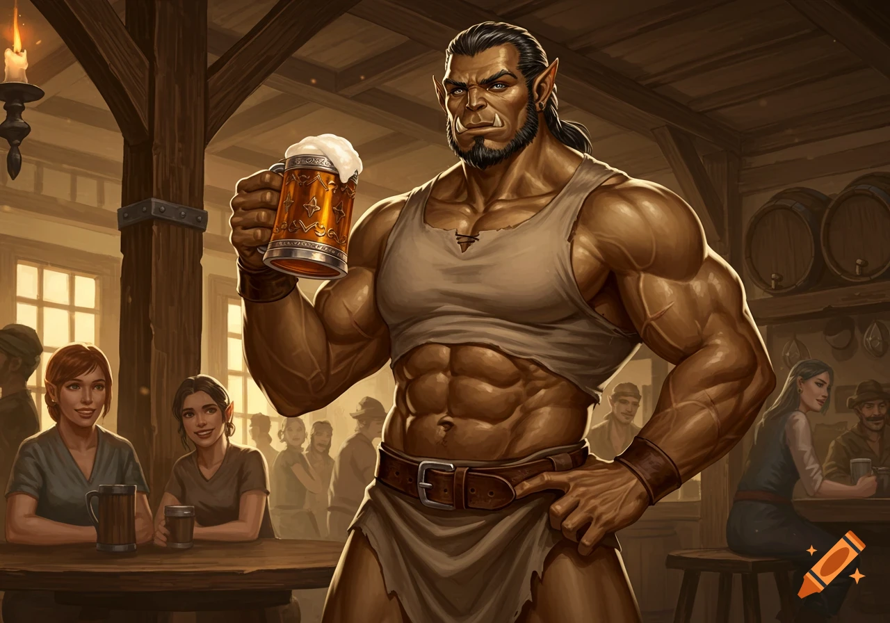 A muscular half-orc with a beard and ponytail stands in a rustic tavern, holding up a frothy mug of beer. Other patrons are in the background.