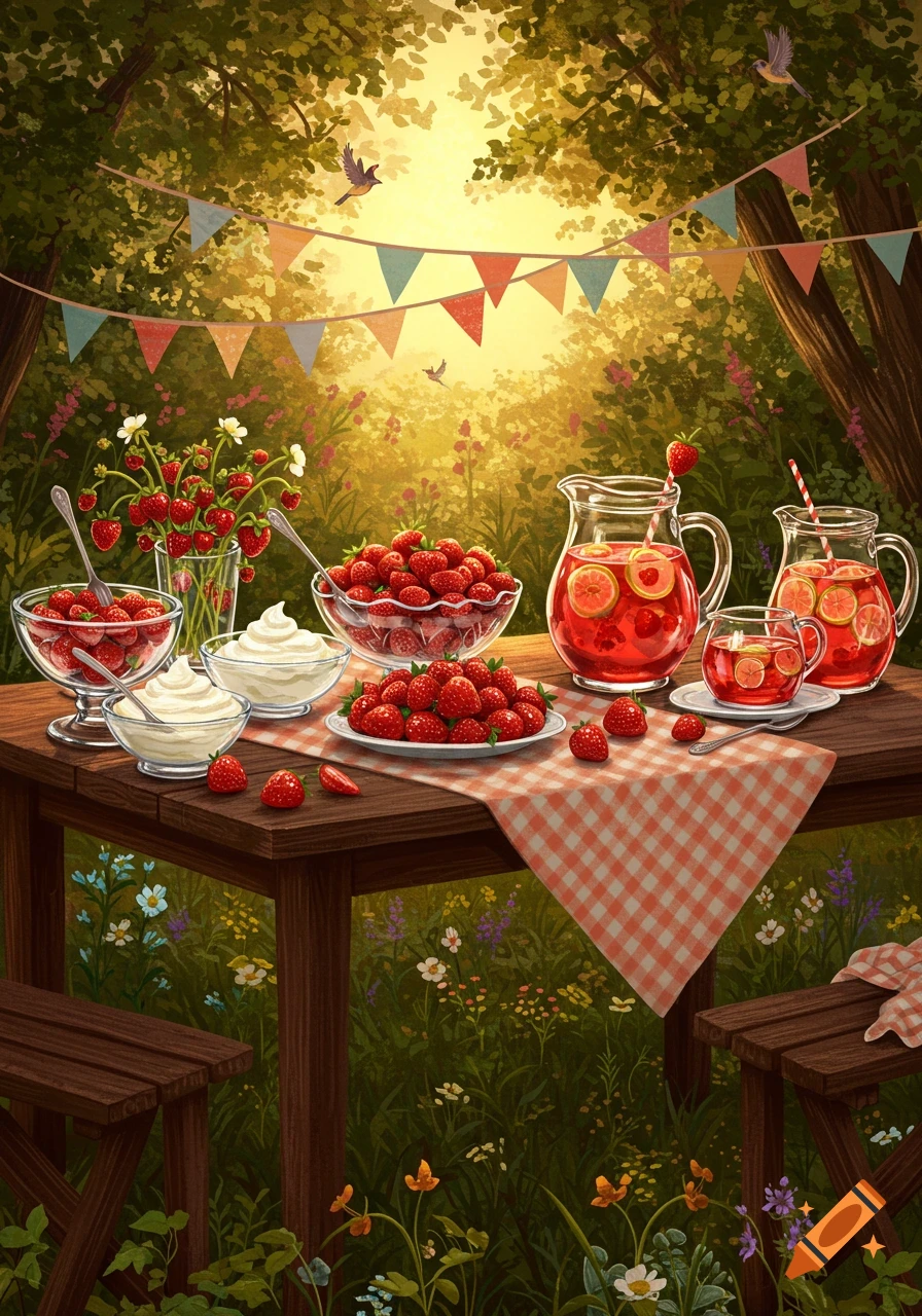 Illustrated strawberry social with a table full of strawberries, whipped cream, and pitchers of lemonade in a sunlit forest.