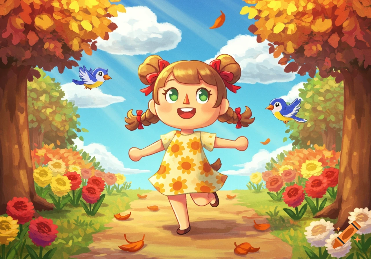 A happy Animal Crossing villager girl with pigtails runs on a sunny autumn path with birds and colorful flowers, cartoon style.