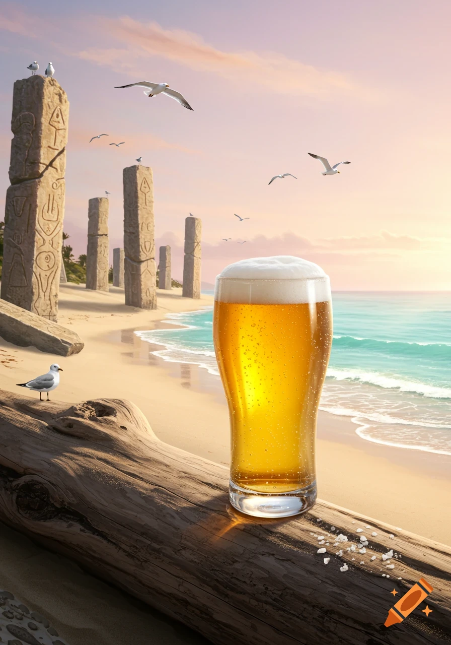 A full glass of golden beer with a foamy head sits on driftwood on a sunny beach, with ancient stone pillars and seagulls in the background.