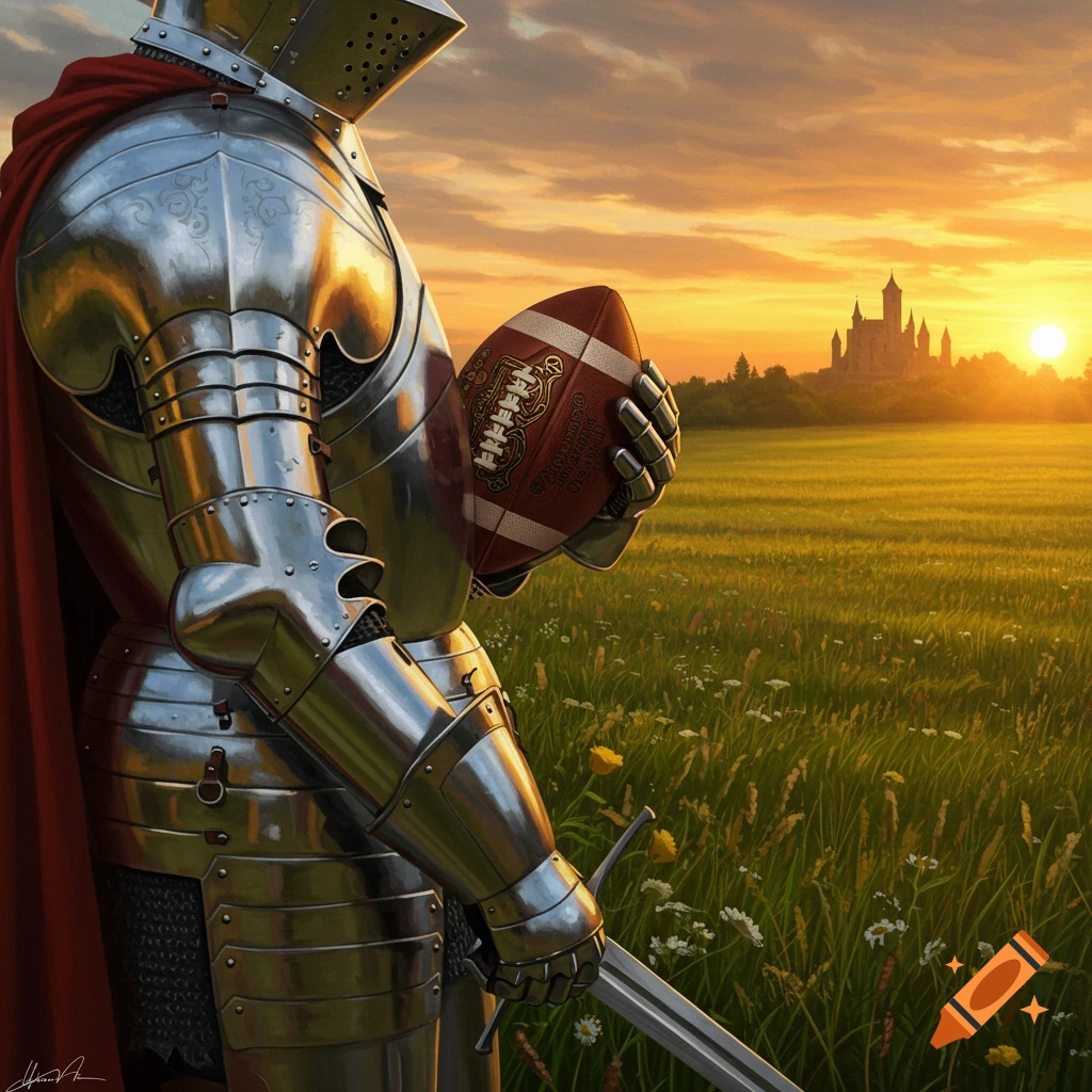 A knight in shining armor with a red cape holds a football in a vibrant green field with a castle and sunset in the background.