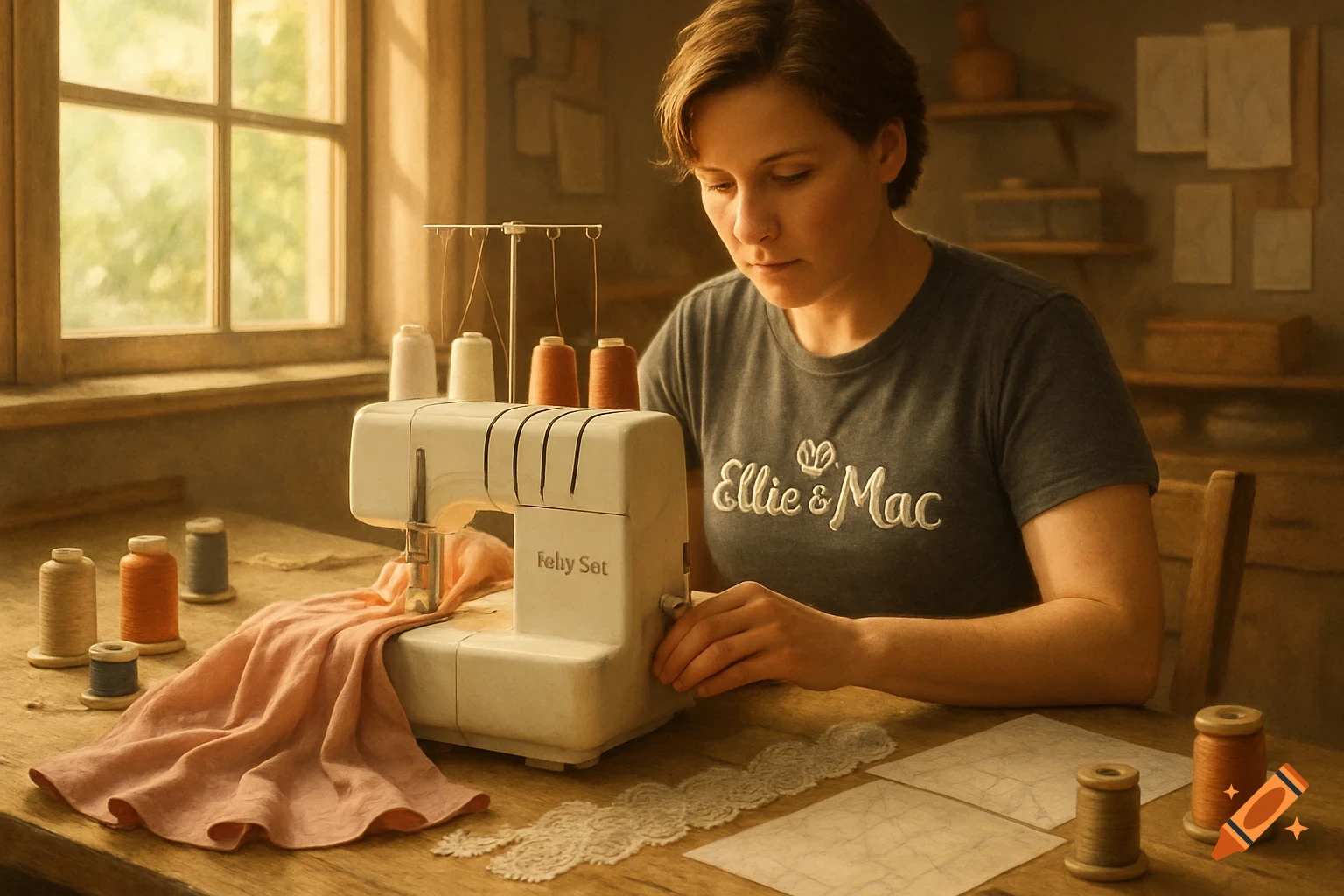 A woman with short brown hair is intently sewing on a white sewing machine, with spools of thread and fabric on a wooden table. Sunlight streams in from a window.