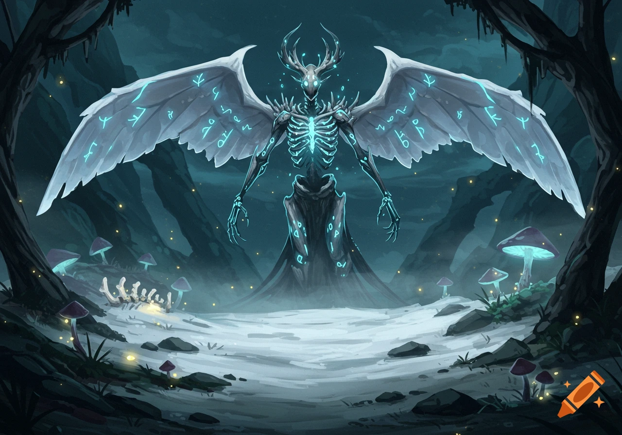 A skeletal, winged creature with glowing blue runes and antlers stands in a dark, misty forest with glowing mushrooms, rendered in a digital art style.