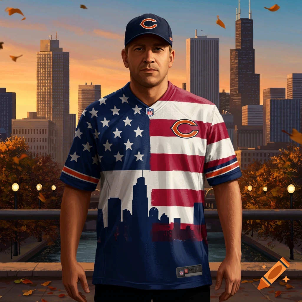 A man wearing a half American flag, half Chicago Bears jersey, and a Bears cap, stands in front of a Chicago skyline at sunset.