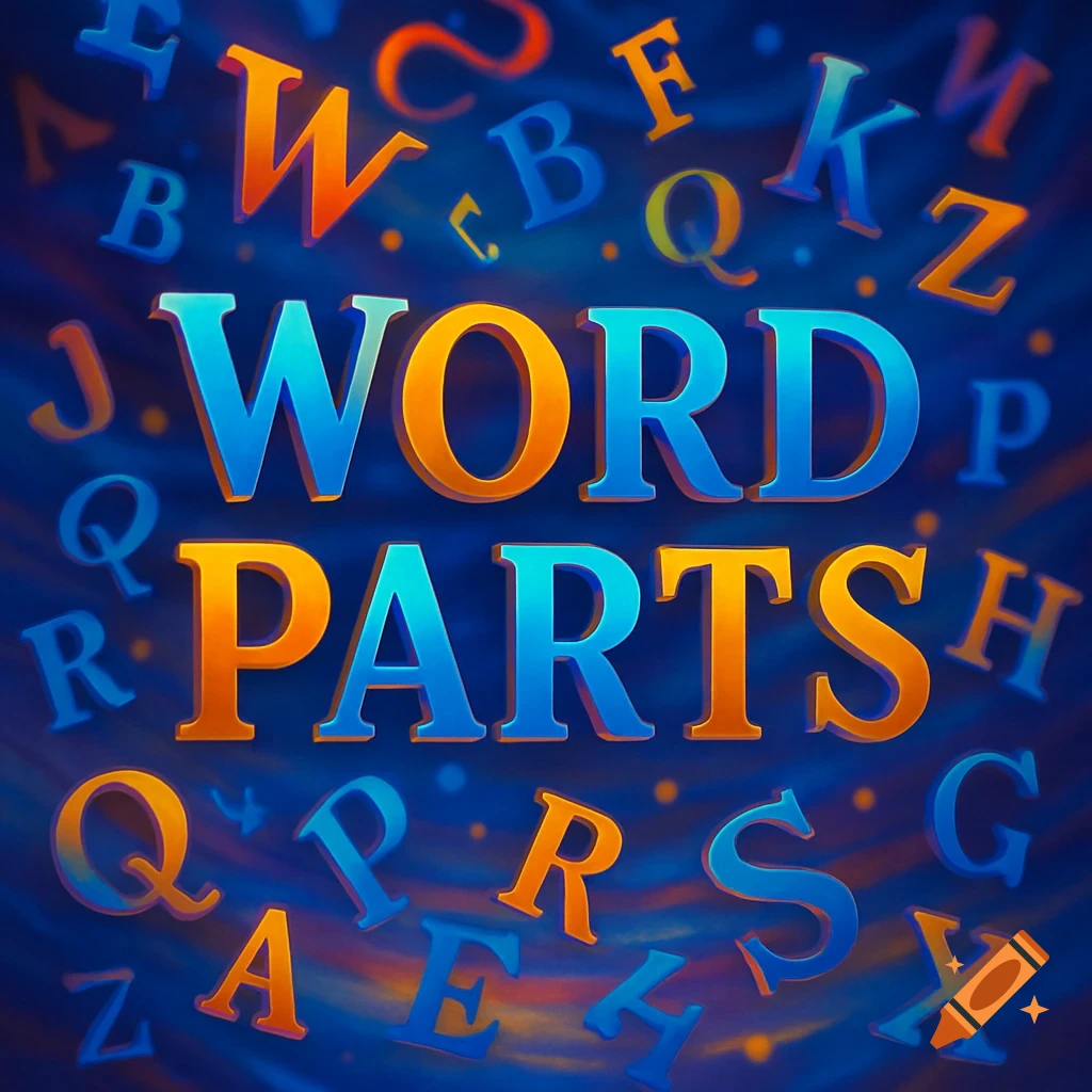 Large orange and blue 3D letters spelling 'WORD PARTS' are surrounded by jumbled individual letters on a dark blue background.