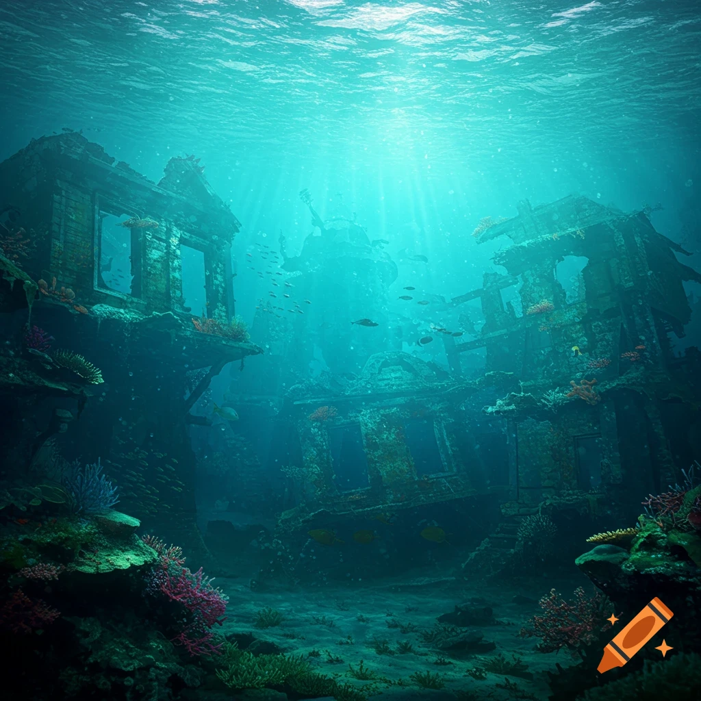 Sunlit photorealistic underwater scene of ancient drowned city ruins with fish and colorful coral.
