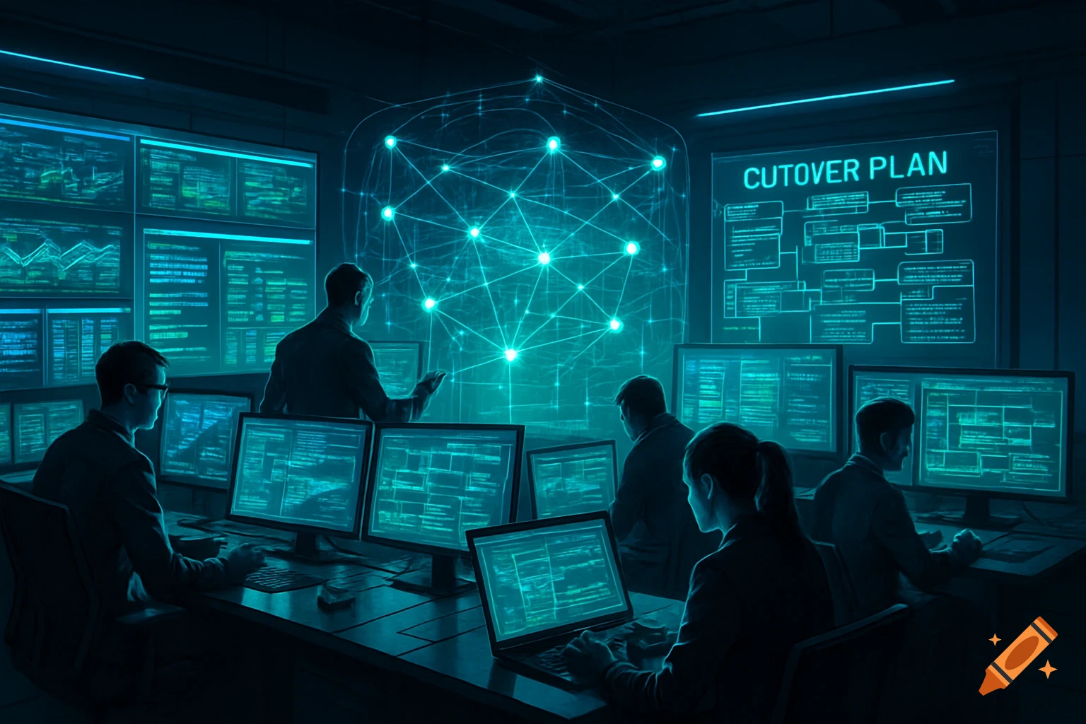 People in a dark control room work at computers, illuminated by glowing screens displaying data and a network diagram.