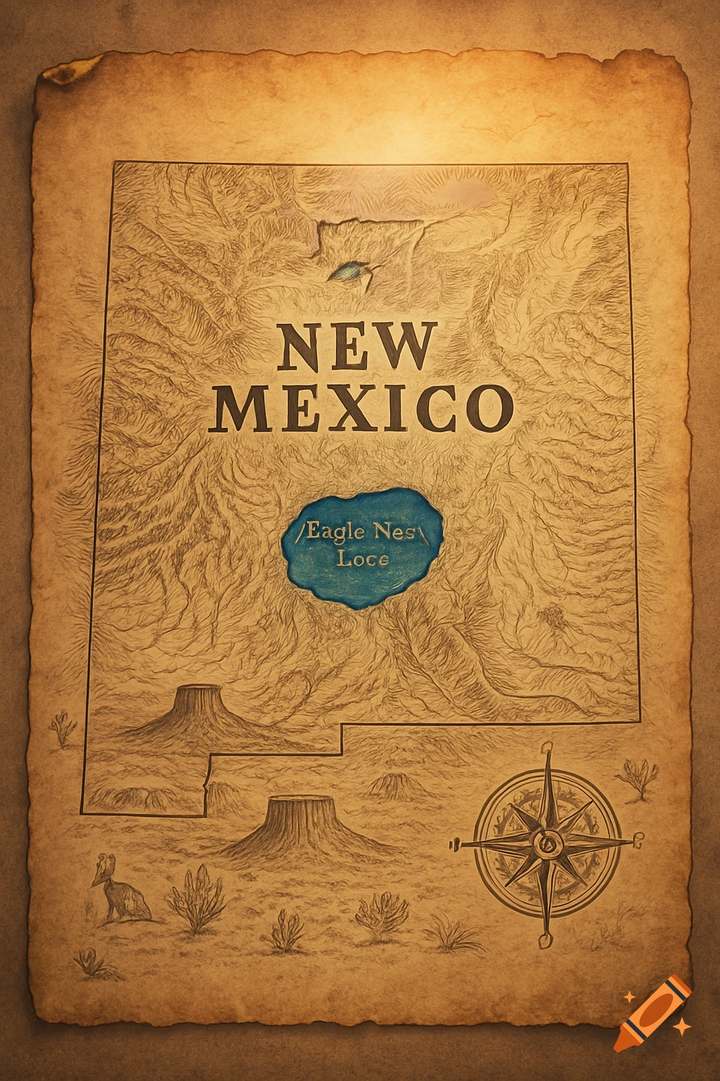 Vintage map of New Mexico with relief lines, a compass rose, and desert flora/fauna.
