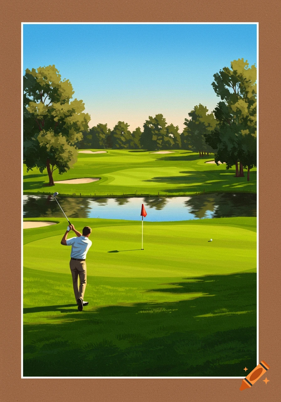 An illustrative view of a golfer swinging on a green golf course with a pond and trees under a clear sky.