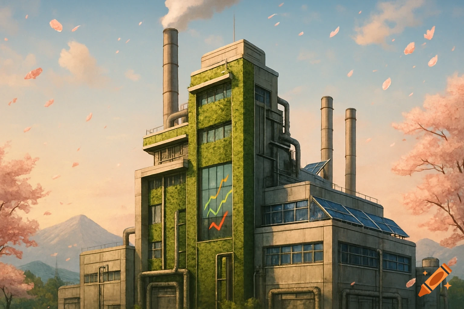 Green factory with smoking stacks, solar panels, and a growth chart, surrounded by cherry blossoms and mountains under a blue sky.