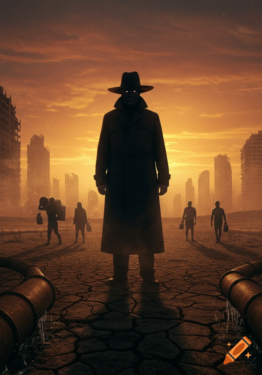 A towering, shadowy figure with glowing red eyes stands on cracked earth in a ruined city under an orange sky, with smaller figures in the background.