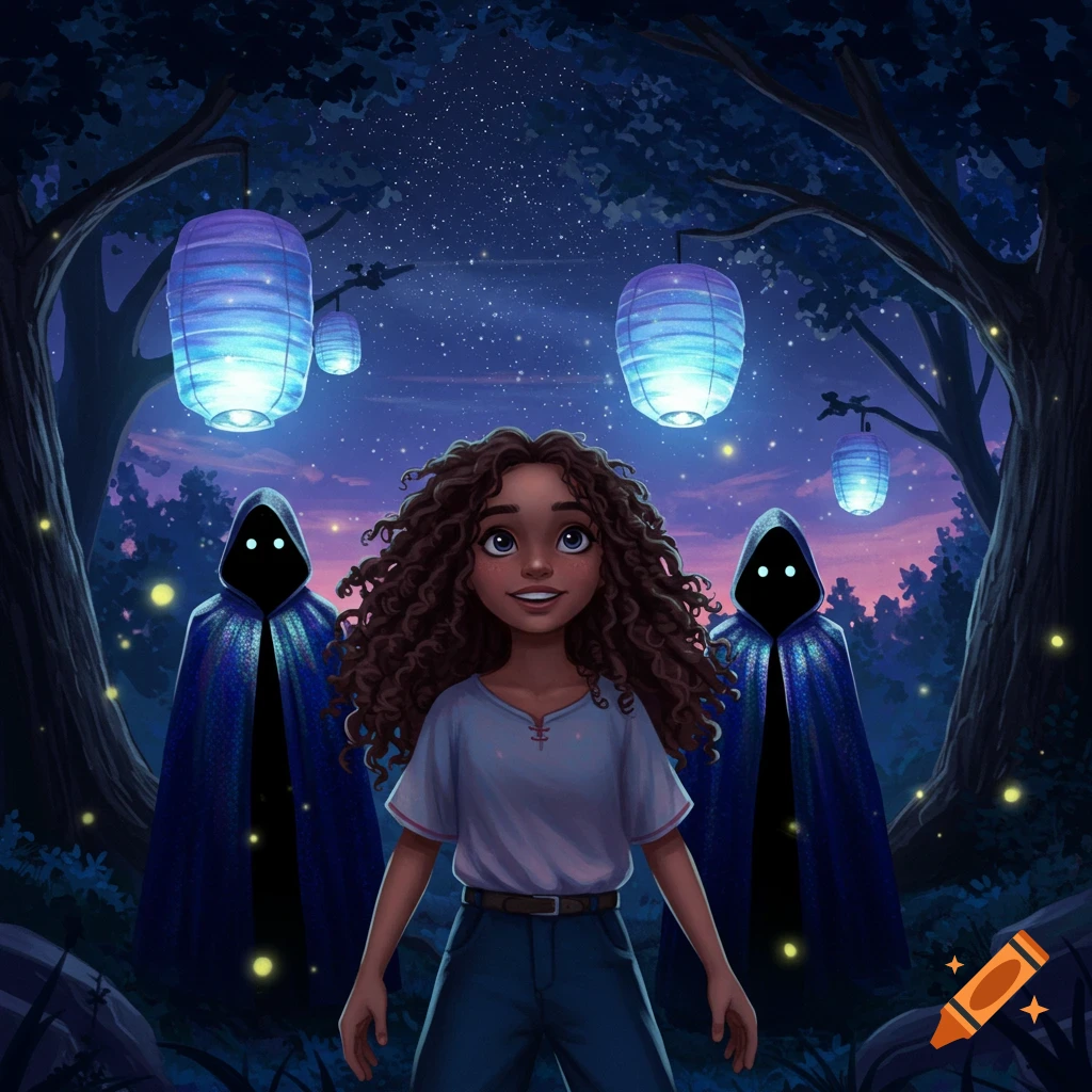 Illustrated fantasy scene of a young girl and two cloaked figures with glowing eyes in a magical forest at night, lit by lanterns and stars.