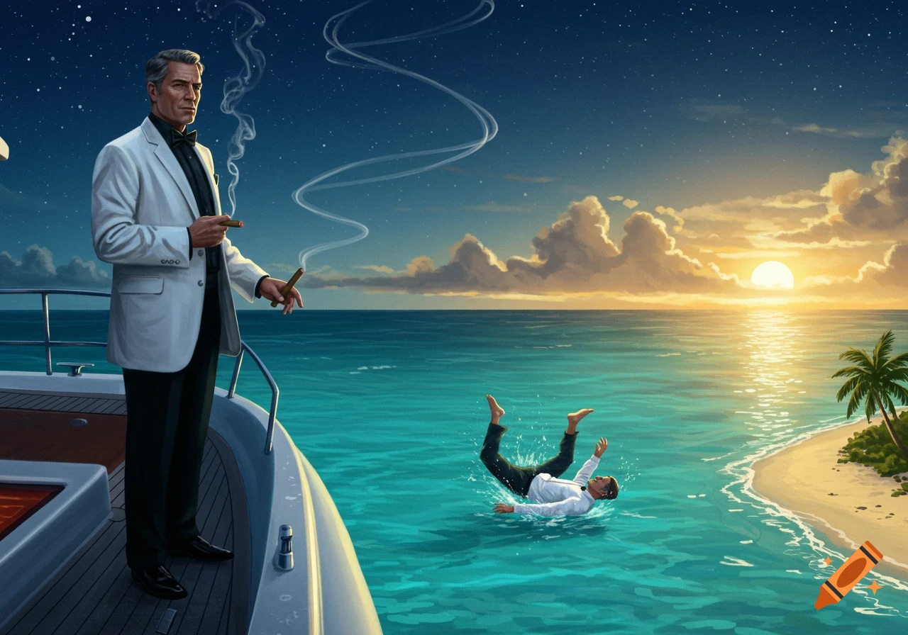 A man in a white suit smokes a cigar on a yacht, watching another man in a suit fall into the clear blue ocean during a vibrant sunset near a tropical island.