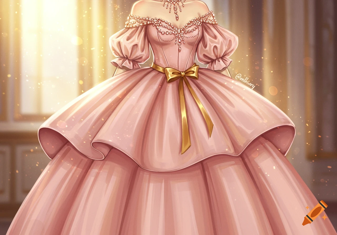 Elegant rose petal pink ball gown with puffy sleeves, gold ribbon belt, and jewel-encrusted corset in a lavish setting, anime style.