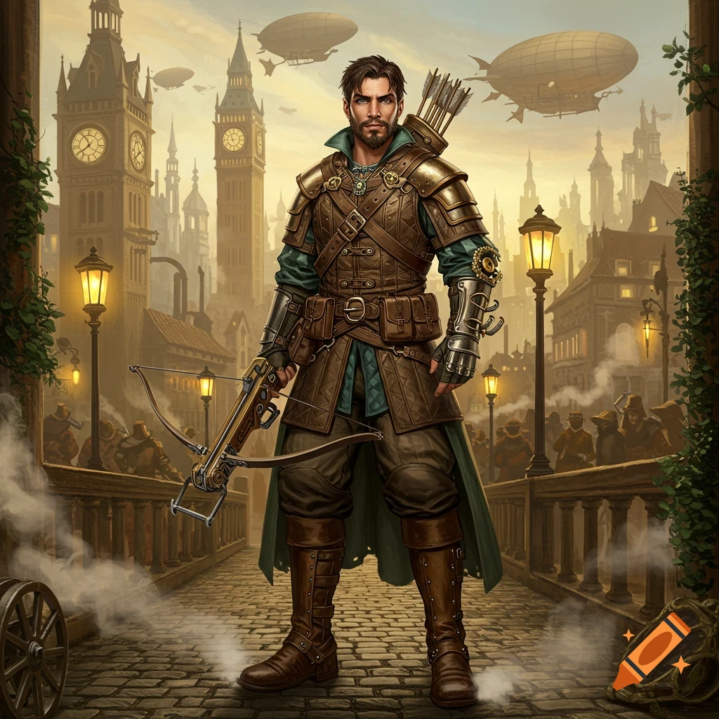 A male ranger in steampunk armor holds a crossbow on a bridge in a bustling steampunk city with airships and clock towers.