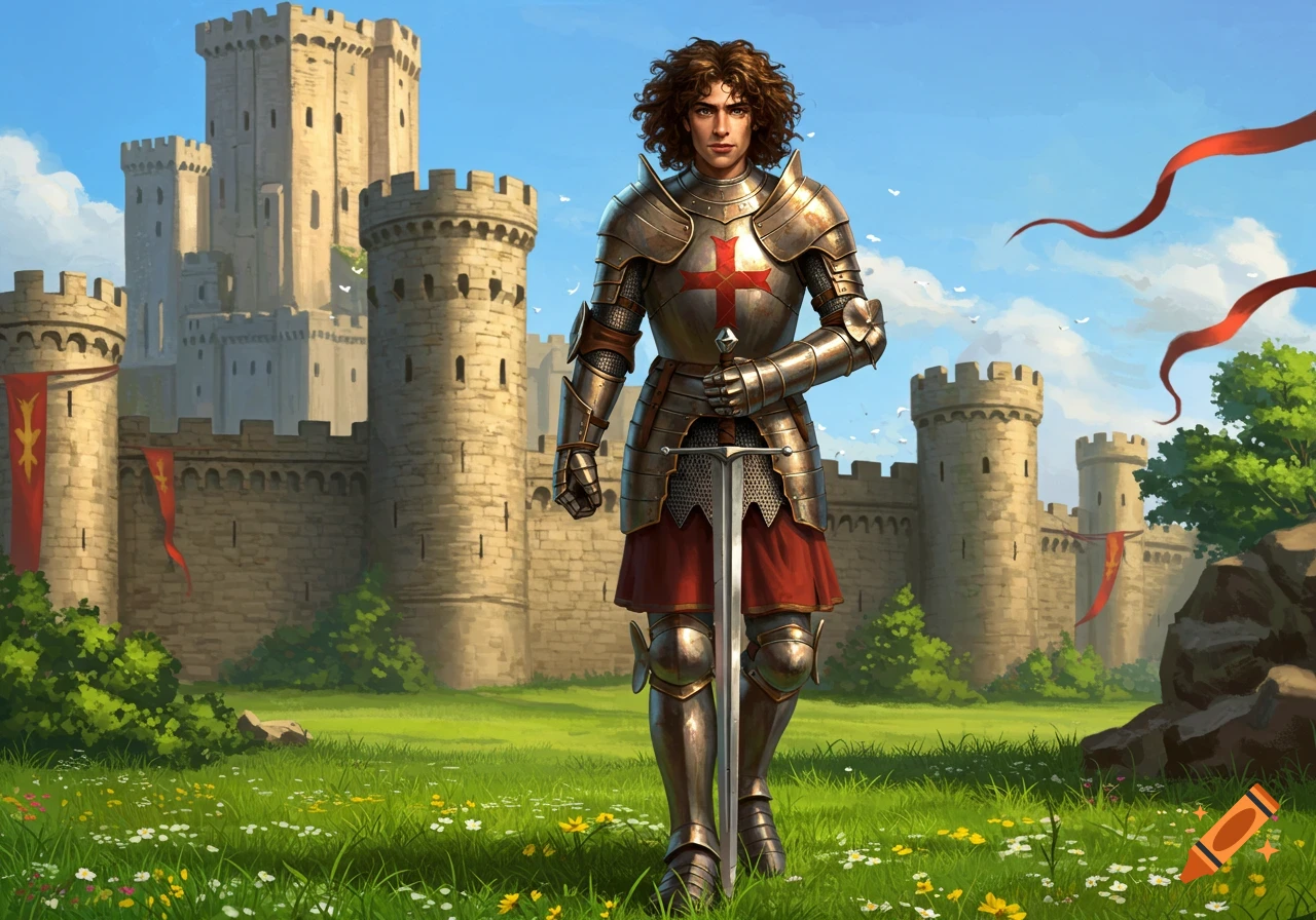 A knight in full plate armor with a red cross, brown curly hair, stands in a flowery field before a large stone castle under a blue sky, holding a sword.