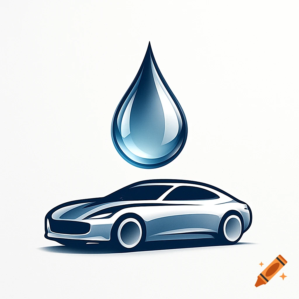 A stylized silver car with a glossy blue water drop floating above it, against a white background.