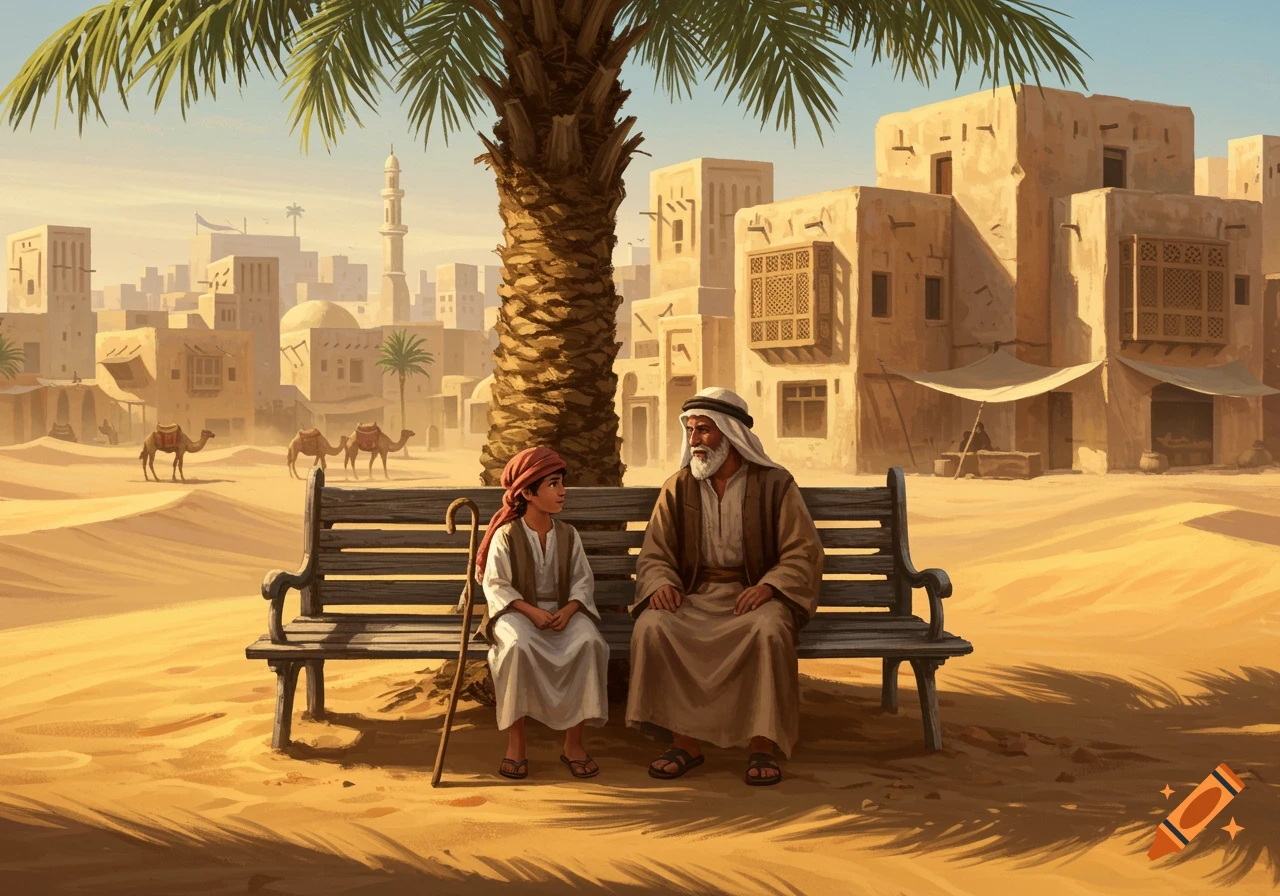 Illustration of an old man and boy on a bench under a palm tree in a desert city with buildings and camels.