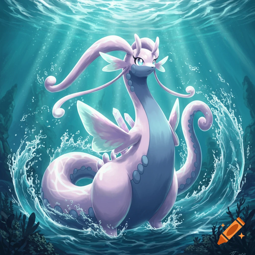 A lavender and blue sea serpent-like Mega Goodra Pok emon emerges from swirling water underwater, with light rays from above.