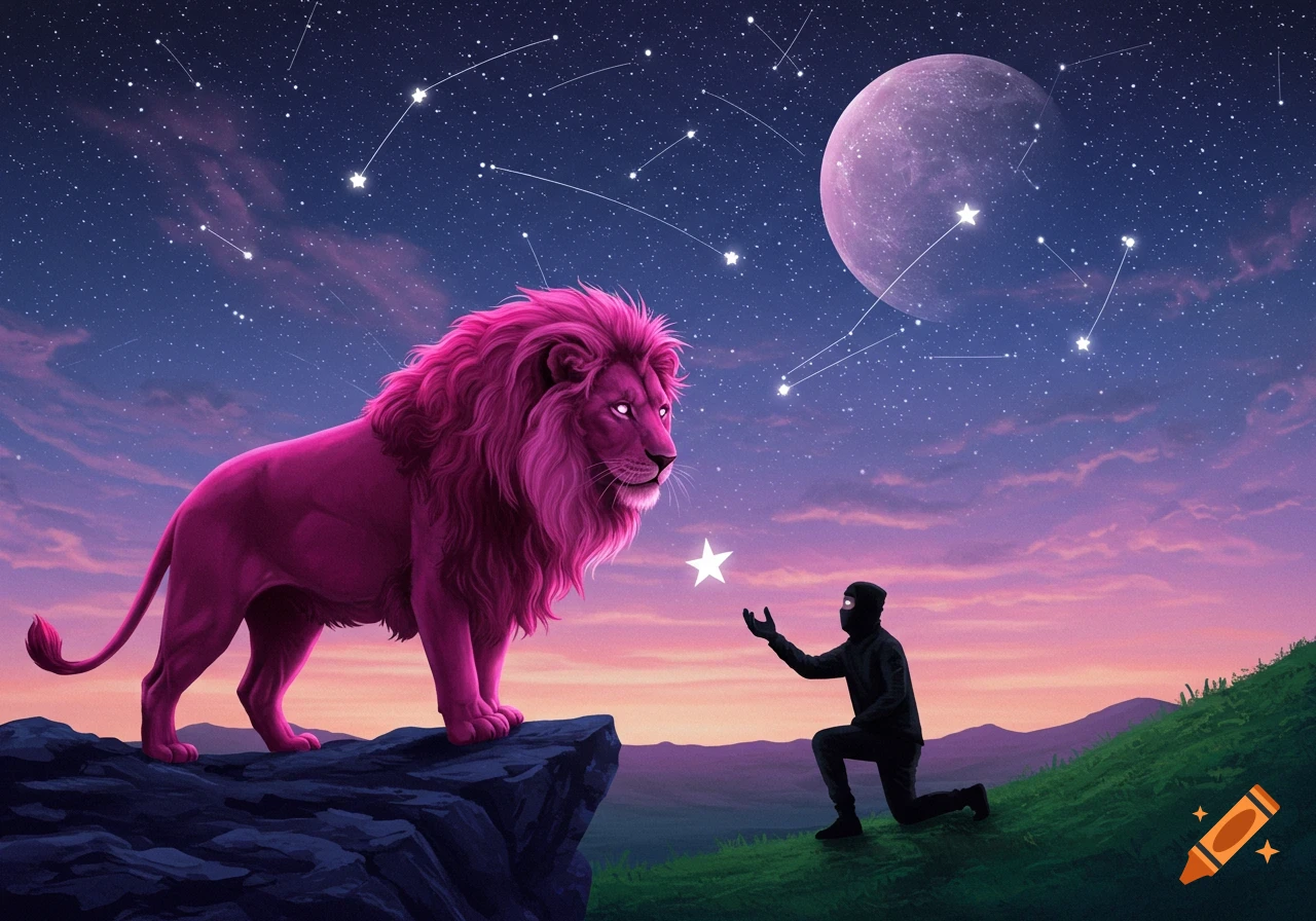 A vibrant pink lion stands opposite a person in a balaclava kneeling, holding out a glowing star under a starry night sky with a large moon.