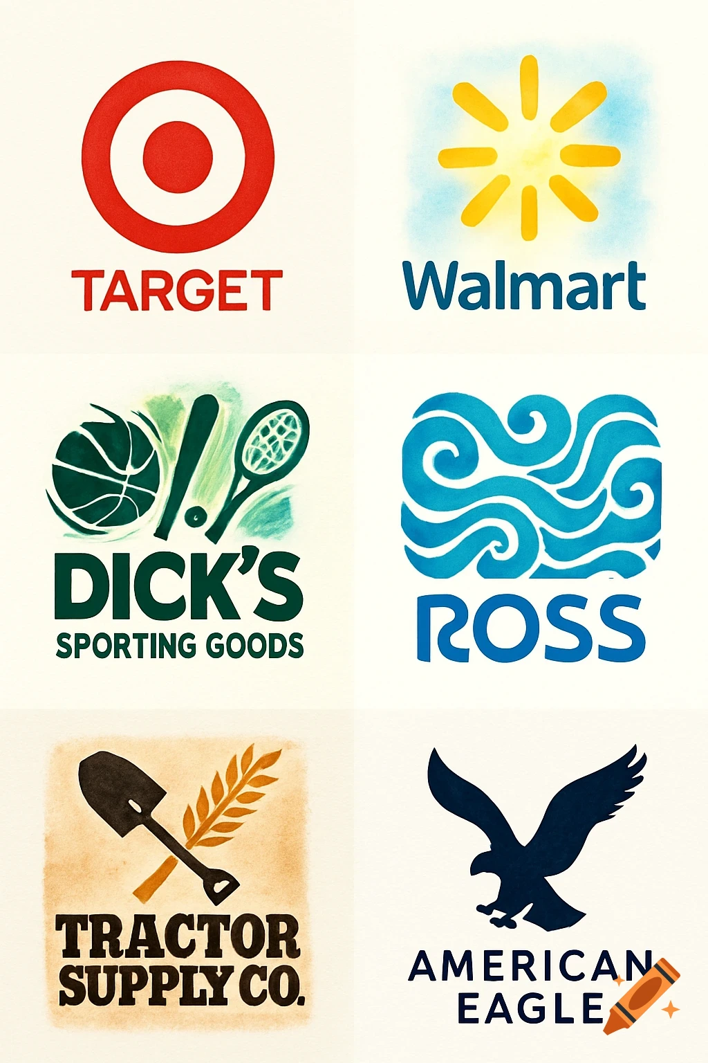 Six retail store logos: Target, Walmart, Dick's Sporting Goods, Ross, Tractor Supply Co., American Eagle, in a textured art style.