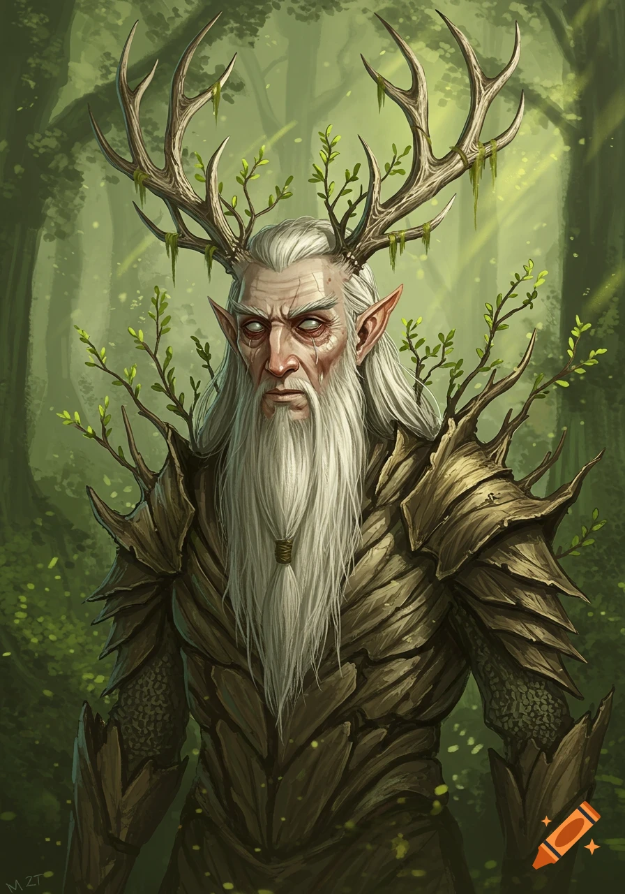 An old, white-bearded elf with large antlers, hollow eyes, and tree-like armor stands in a vibrant forest.