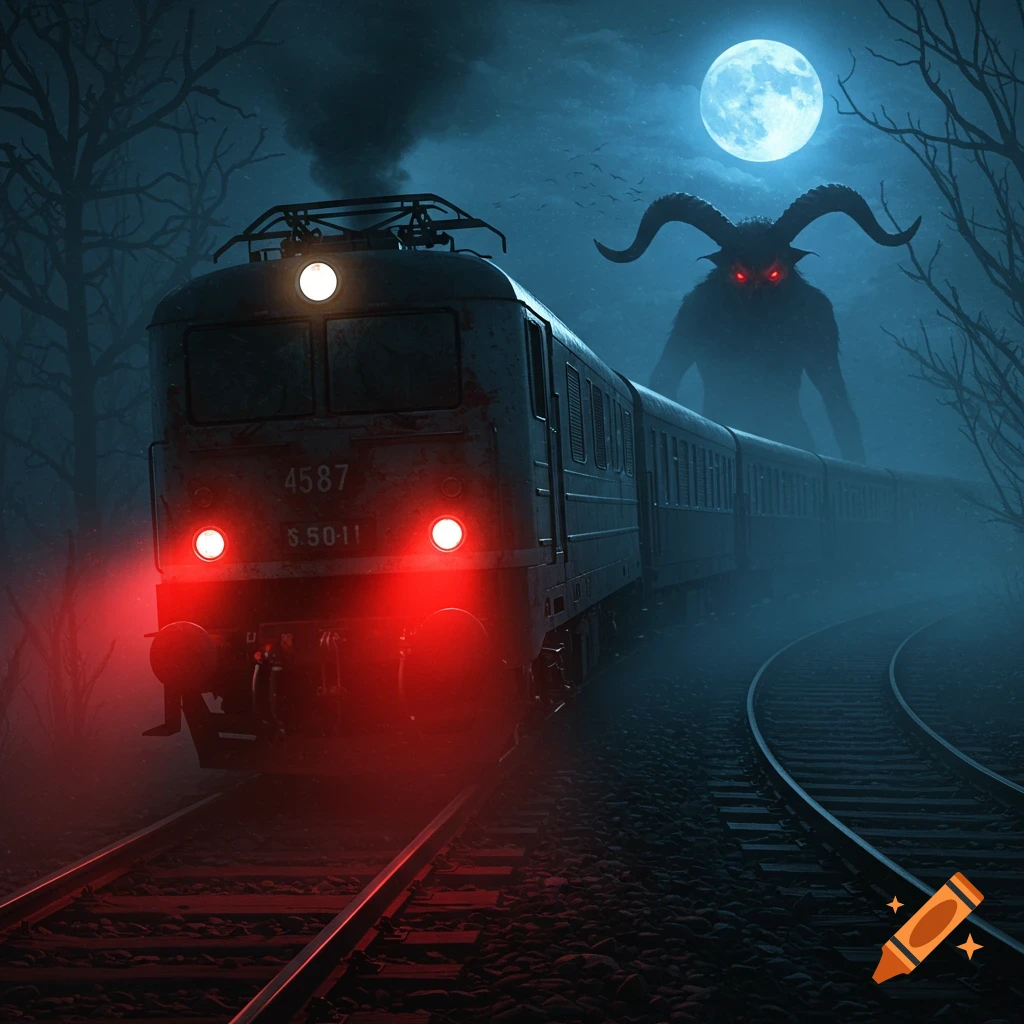 A train with red headlights on tracks, pursued by a large, horned goatman monster with glowing red eyes under a full moon in a misty forest.