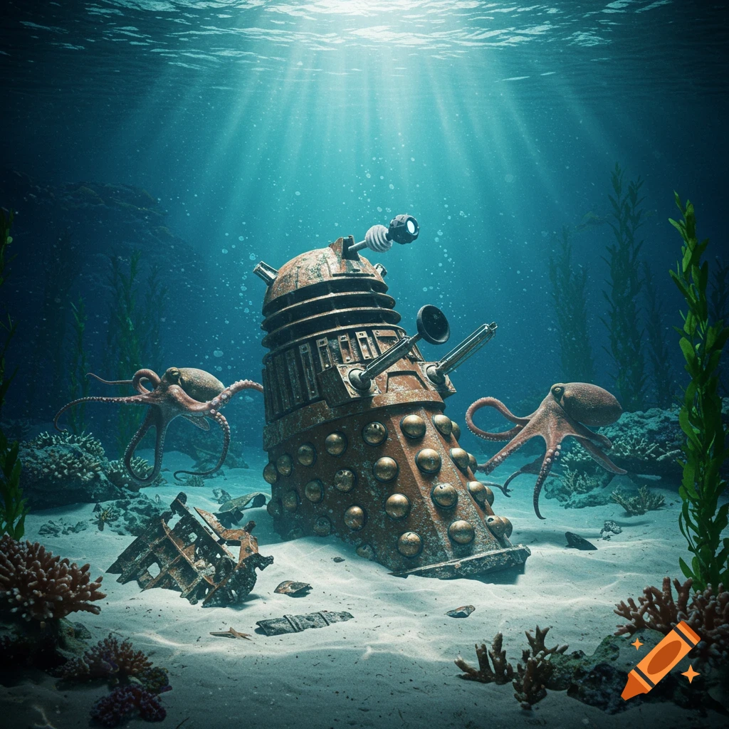 Photorealistic image of a rusted Dalek wreckage on the ocean floor, surrounded by curious octopuses, with sun rays piercing the water.