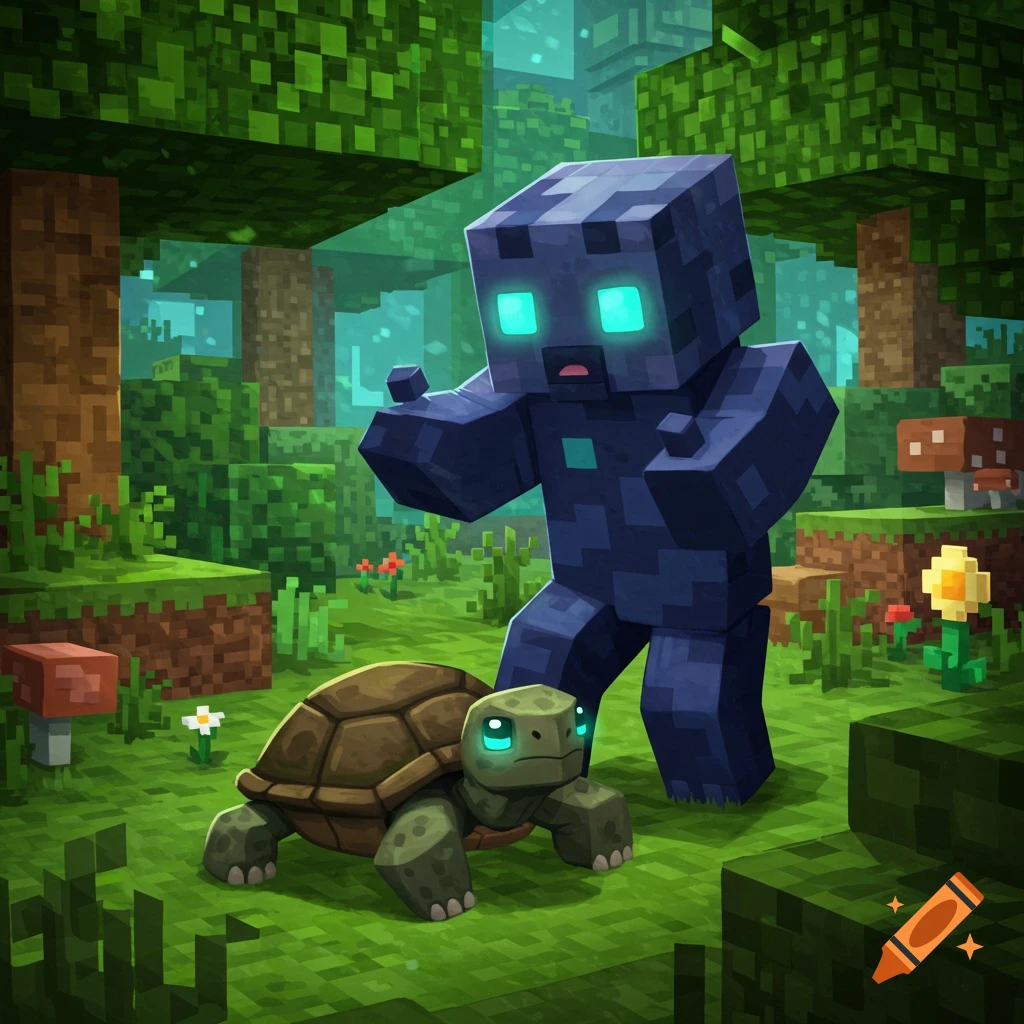 A blocky blue creature with glowing eyes stands over a green turtle in a vibrant Minecraft-style forest.