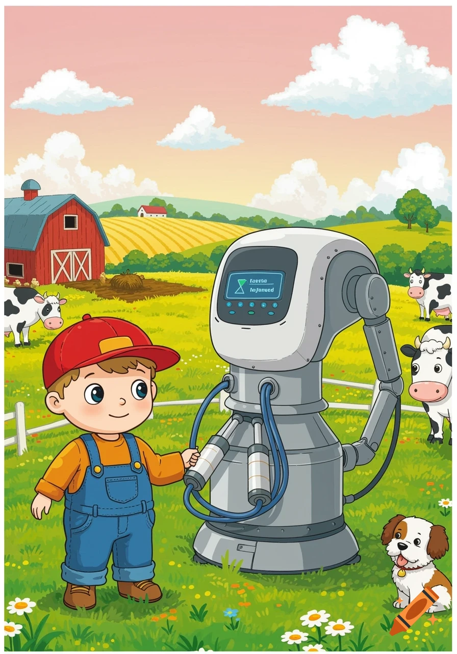A cartoon boy in overalls and a red hat stands with a white robot in a green farm field with cows and a dog.