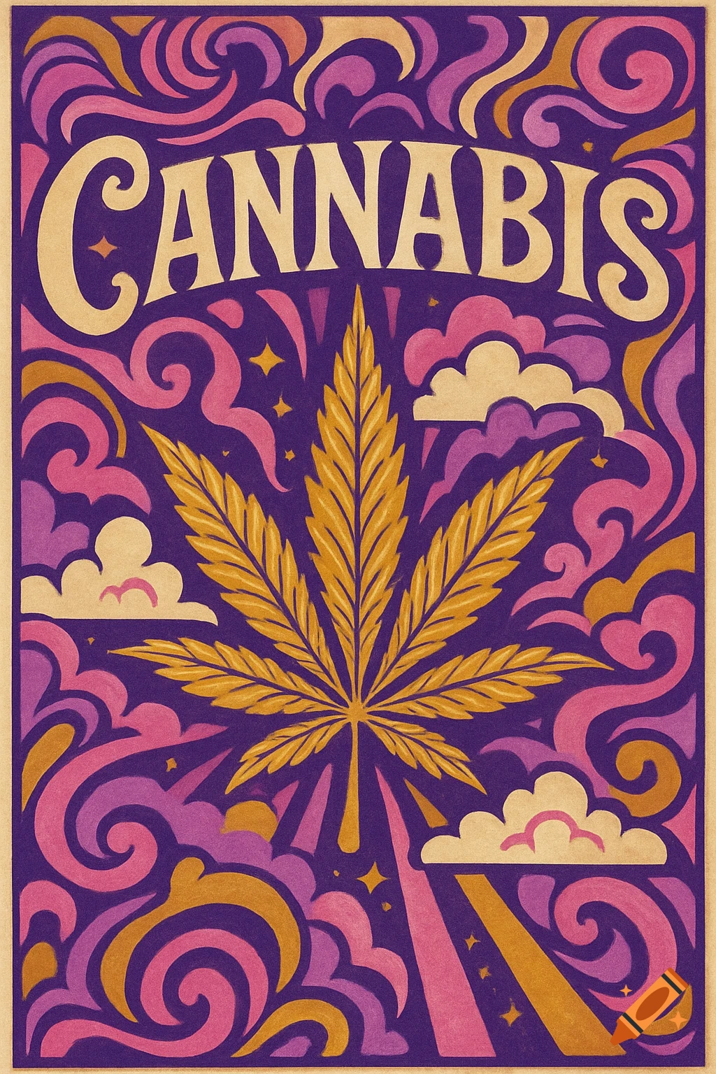 Psychedelic poster with a golden cannabis leaf on a purple background, surrounded by swirls and clouds, with 'CANNABIS' text.
