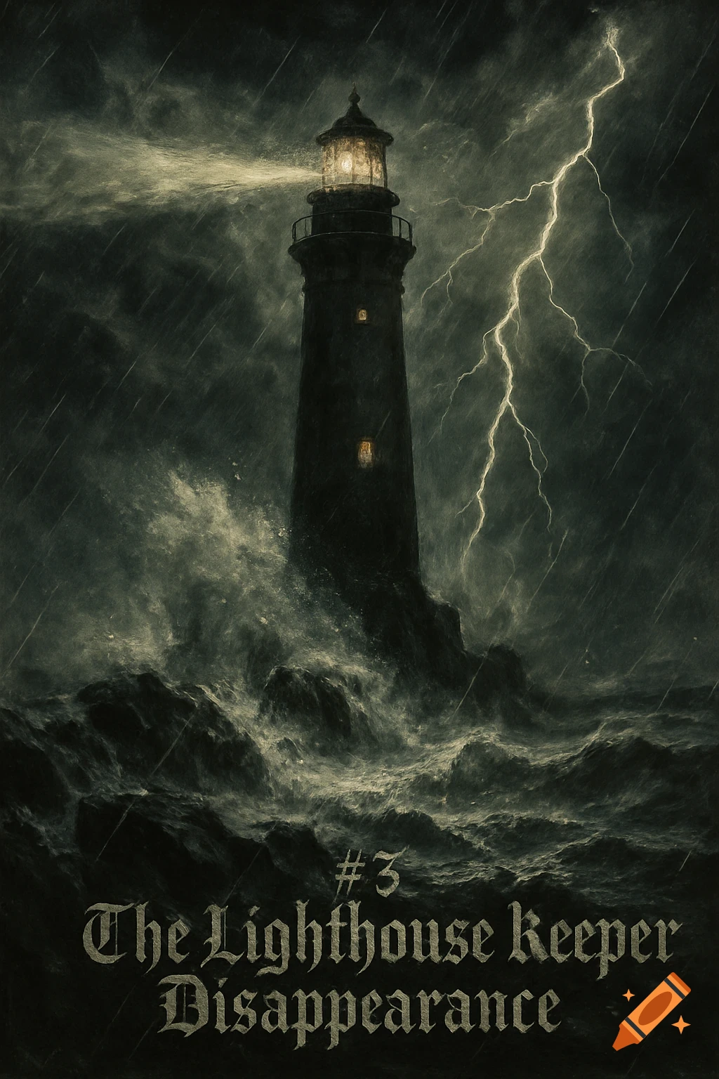 A dark, moody lighthouse stands on a rocky shore amidst a raging storm, with lightning flashing and waves crashing. Text: #3 The Lighthouse Keeper Disappearance.