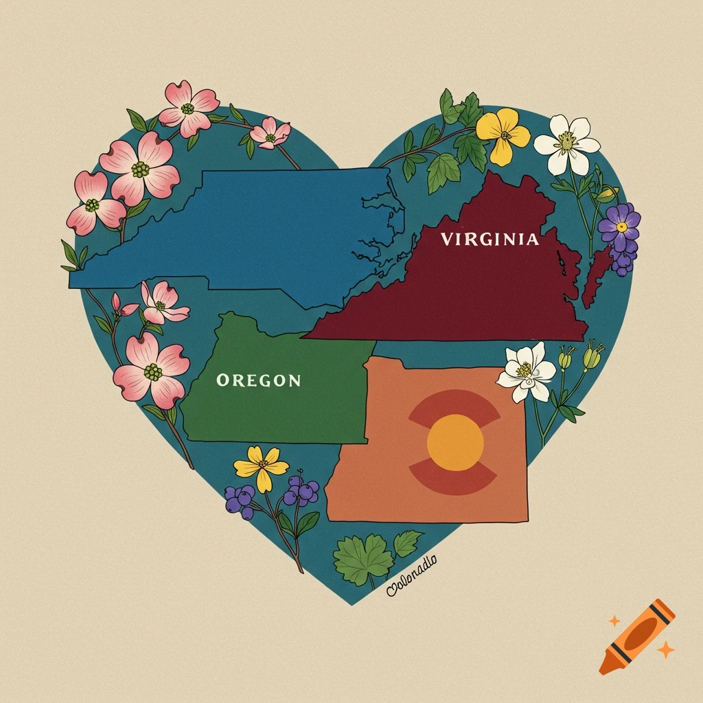 Illustration of a heart with outlines of North Carolina, Virginia, Oregon, and Colorado, surrounded by state flowers.