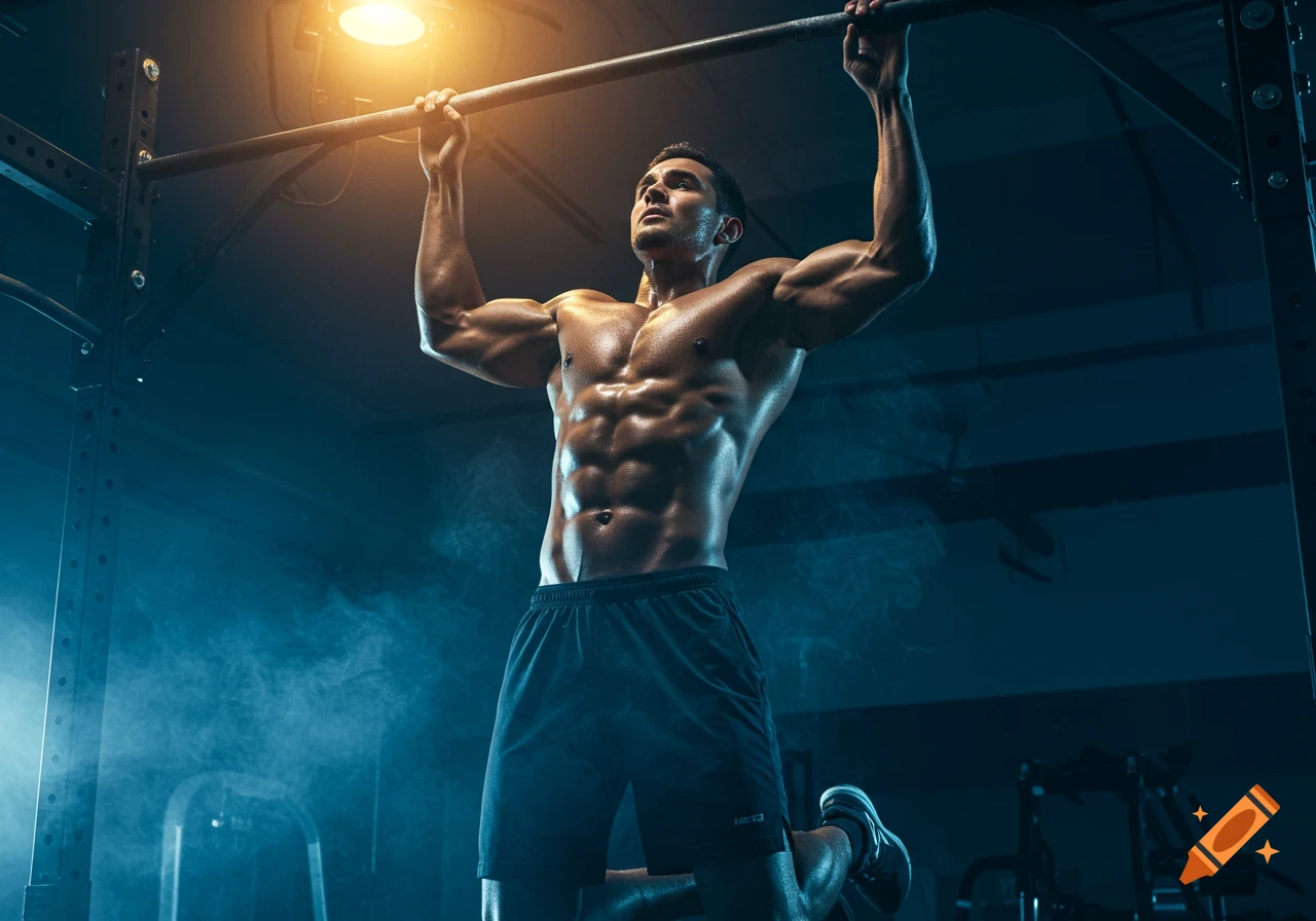 A muscular man doing a pull-up in a dimly lit gym with atmospheric smoke.