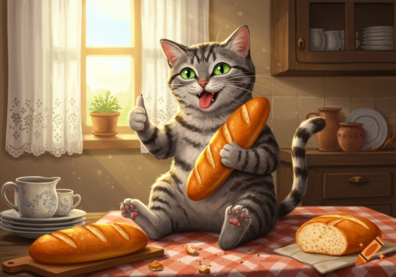 A happy cartoon grey tabby cat holding a baguette and giving a thumbs-up on a checkered kitchen table with more bread.