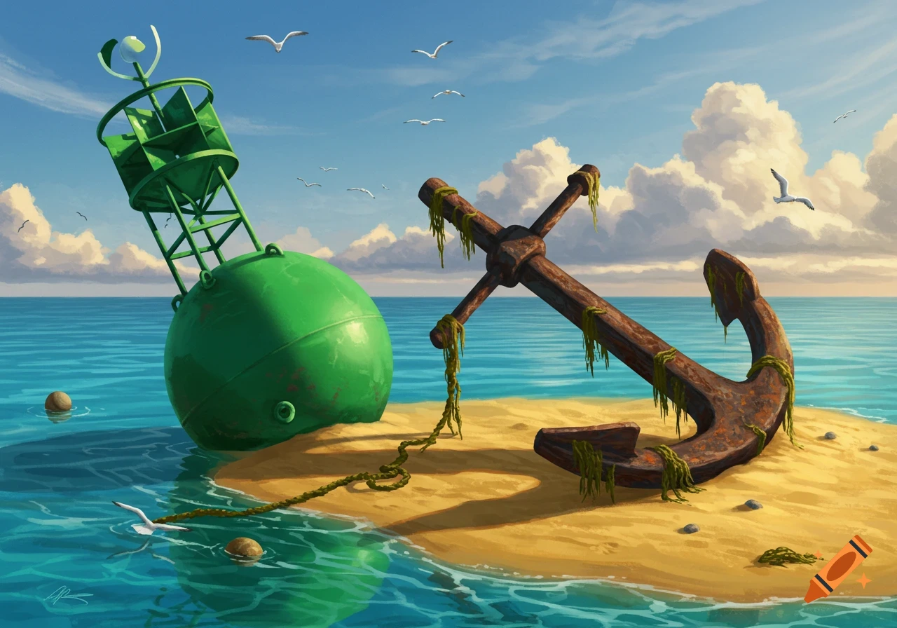 Illustration of a green buoy and a rusty anchor on a sandy island, surrounded by blue ocean with seagulls flying.