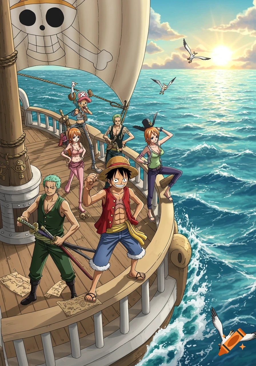 The Straw Hat Pirates, including Luffy, Zoro, Nami, and Chopper, stand on their ship, sailing a blue sea under a sunset sky with seagulls.