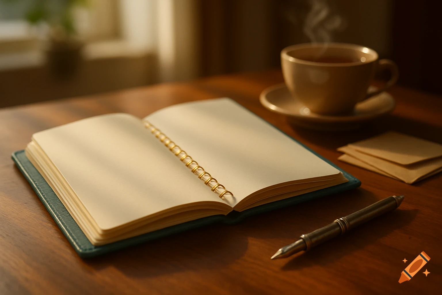 Open teal journal, fountain pen, and steaming coffee cup on a wooden desk, with soft light. Photorealistic still life.