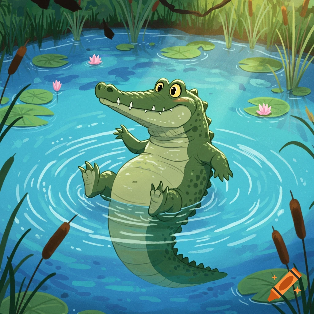 A happy cartoon alligator swims in a pond with lily pads and cattails, creating ripples in the water.