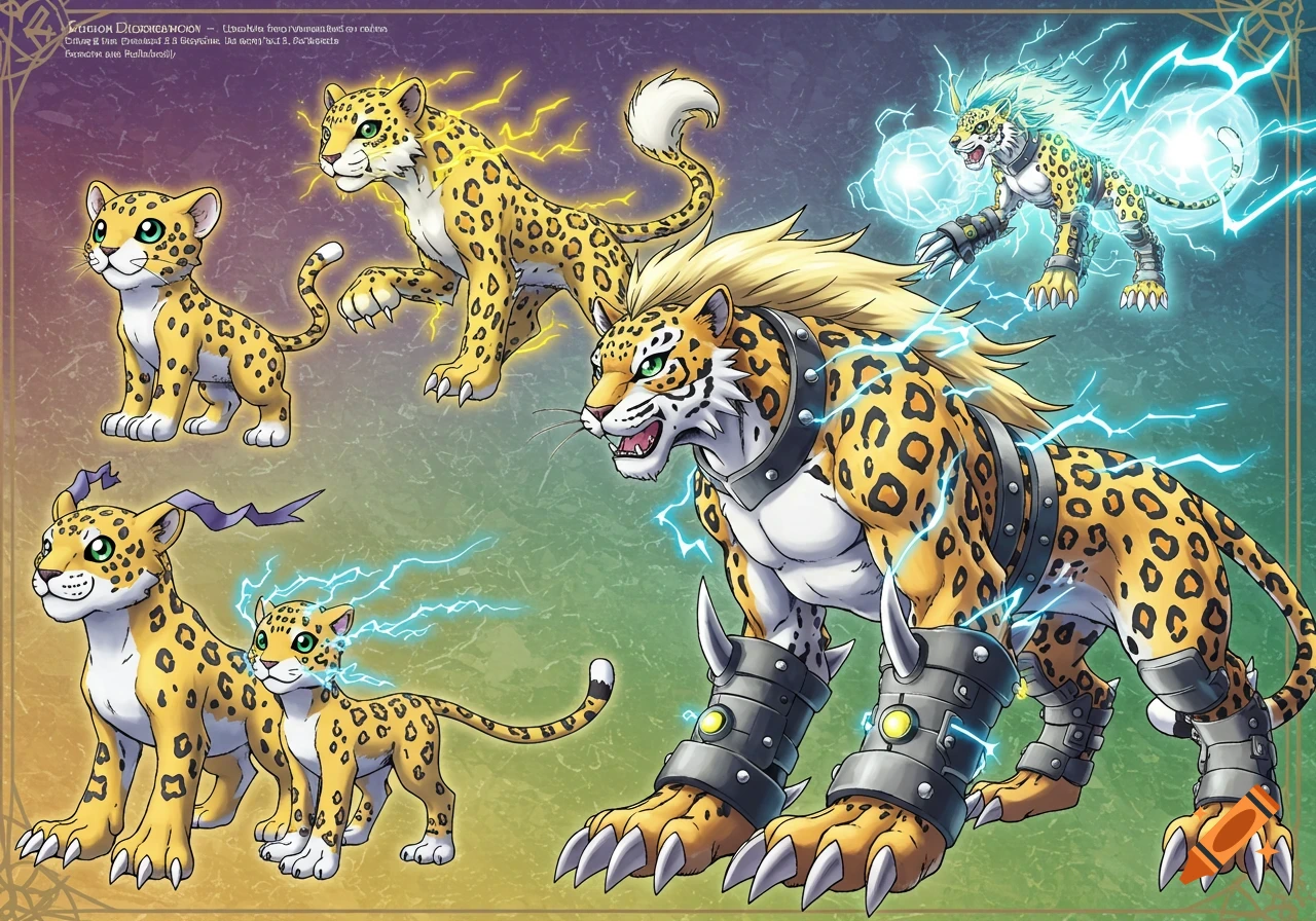 Digital art showing a leopard-themed Digimon evolution line, from a small cub to a large armored beast with electric powers.